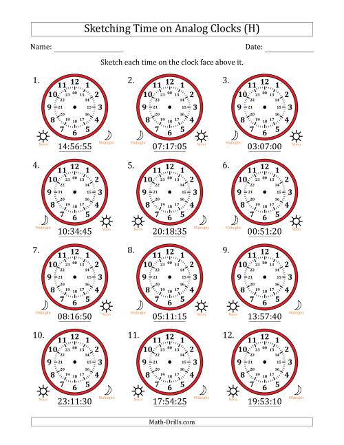 The Sketching 24 Hour Time on Analog Clocks in 5 Second Intervals (12 Clocks) (H) Math Worksheet