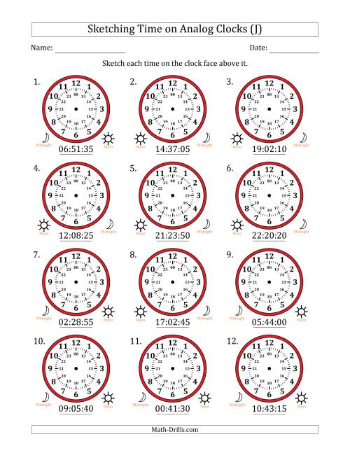 The Sketching 24 Hour Time on Analog Clocks in 5 Second Intervals (12 Clocks) (J) Math Worksheet