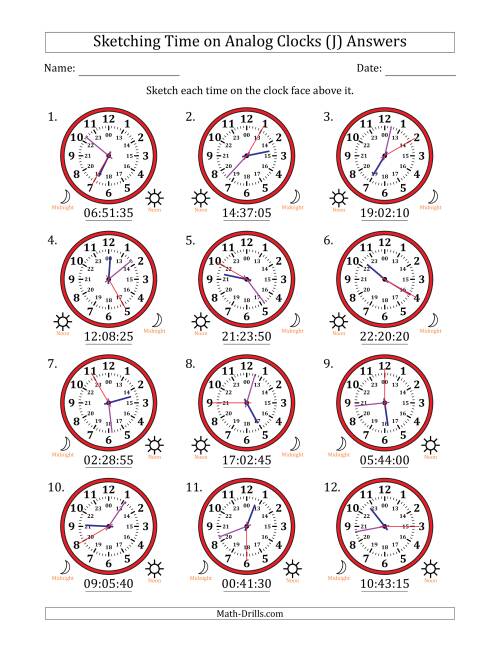 The Sketching 24 Hour Time on Analog Clocks in 5 Second Intervals (12 Clocks) (J) Math Worksheet Page 2