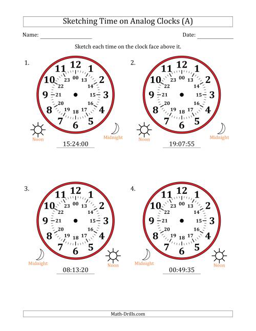 The Sketching 24 Hour Time on Analog Clocks in 5 Second Intervals (4 Large Clocks) (A) Math Worksheet