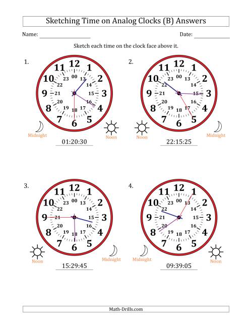 The Sketching 24 Hour Time on Analog Clocks in 5 Second Intervals (4 Large Clocks) (B) Math Worksheet Page 2