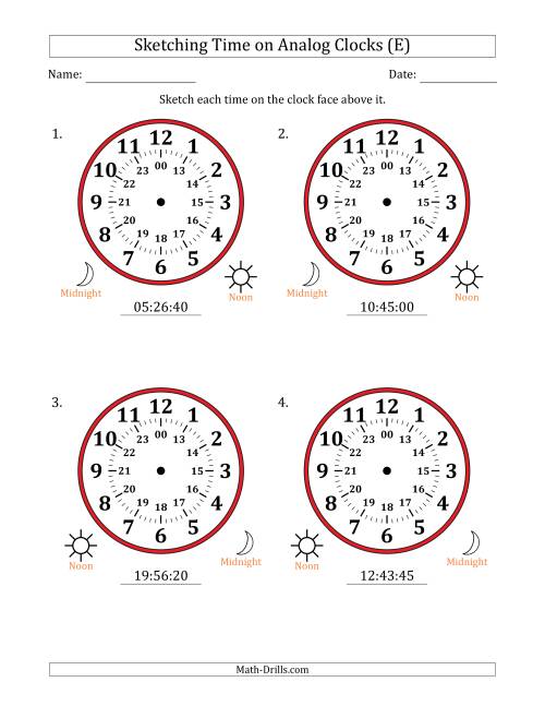The Sketching 24 Hour Time on Analog Clocks in 5 Second Intervals (4 Large Clocks) (E) Math Worksheet