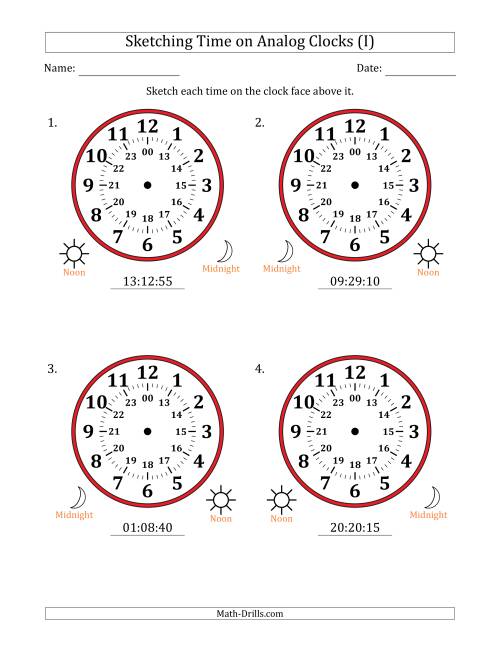 The Sketching 24 Hour Time on Analog Clocks in 5 Second Intervals (4 Large Clocks) (I) Math Worksheet