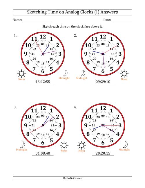 The Sketching 24 Hour Time on Analog Clocks in 5 Second Intervals (4 Large Clocks) (I) Math Worksheet Page 2