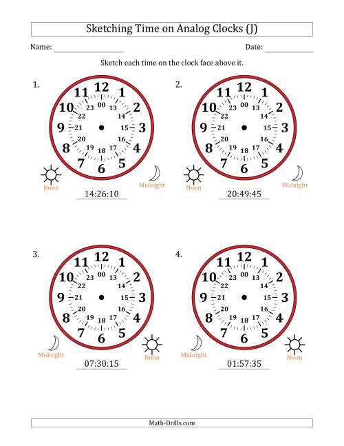The Sketching 24 Hour Time on Analog Clocks in 5 Second Intervals (4 Large Clocks) (J) Math Worksheet