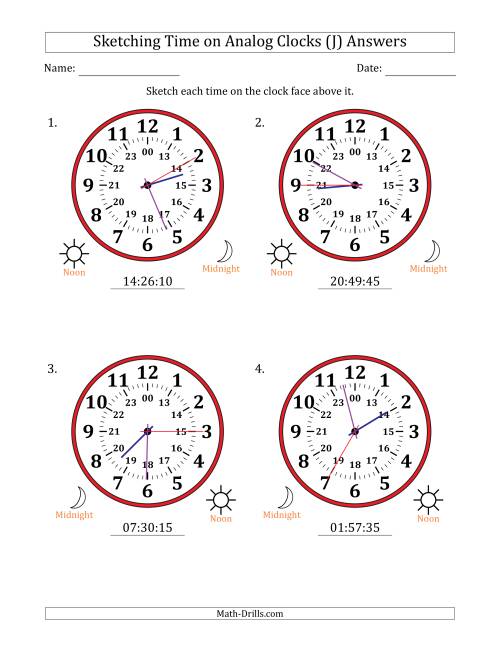 The Sketching 24 Hour Time on Analog Clocks in 5 Second Intervals (4 Large Clocks) (J) Math Worksheet Page 2