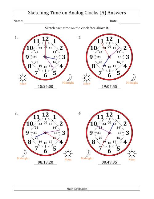 The Sketching 24 Hour Time on Analog Clocks in 5 Second Intervals (4 Large Clocks) (All) Math Worksheet Page 2