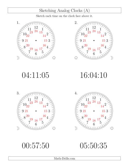 The Sketching Time on 24 Hour Analog Clocks in 5 Second Intervals (Large Clocks) (Old) Math Worksheet