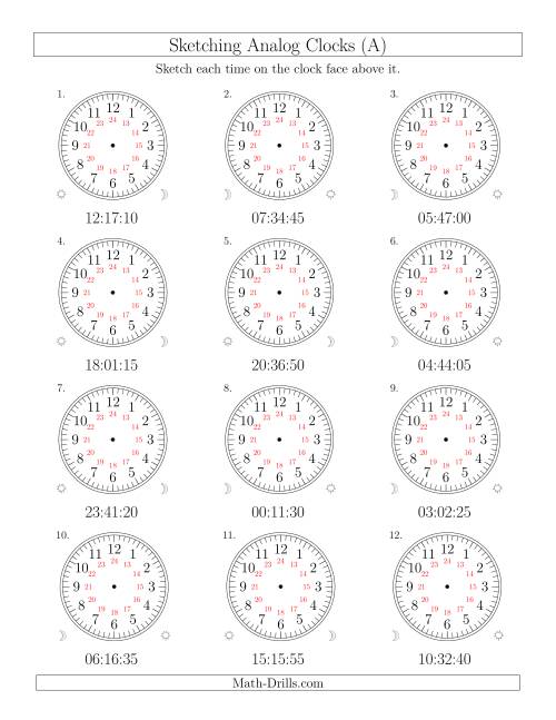 The Sketching Time on 24 Hour Analog Clocks in 5 Second Intervals (Old) Math Worksheet