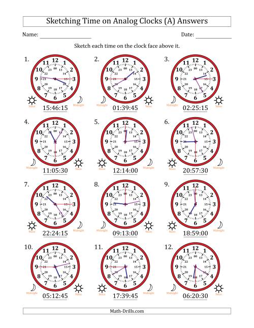 The Sketching 24 Hour Time on Analog Clocks in 15 Second Intervals (12 Clocks) (A) Math Worksheet Page 2