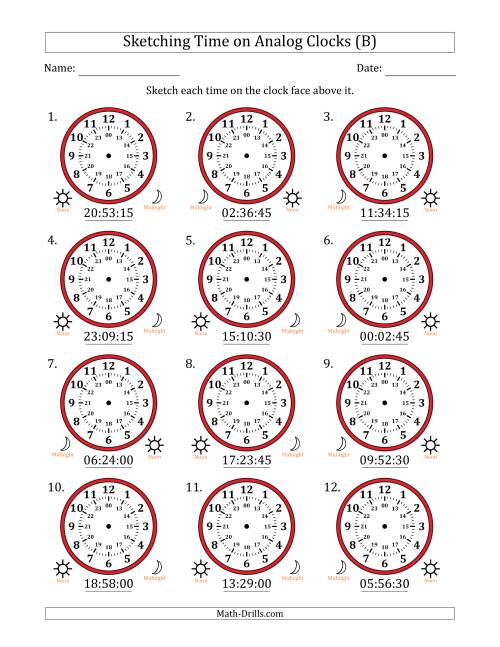 The Sketching 24 Hour Time on Analog Clocks in 15 Second Intervals (12 Clocks) (B) Math Worksheet