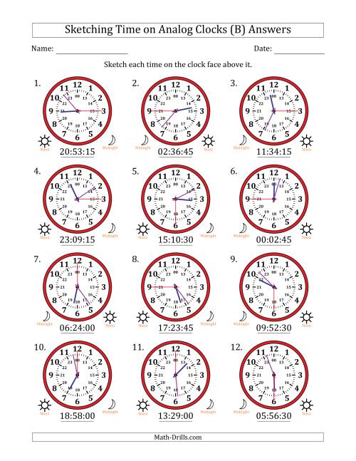 The Sketching 24 Hour Time on Analog Clocks in 15 Second Intervals (12 Clocks) (B) Math Worksheet Page 2