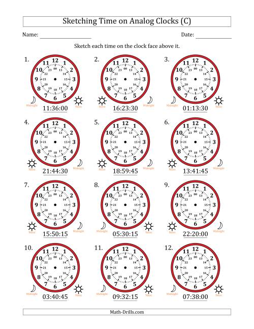 The Sketching 24 Hour Time on Analog Clocks in 15 Second Intervals (12 Clocks) (C) Math Worksheet