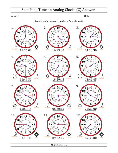 The Sketching 24 Hour Time on Analog Clocks in 15 Second Intervals (12 Clocks) (C) Math Worksheet Page 2