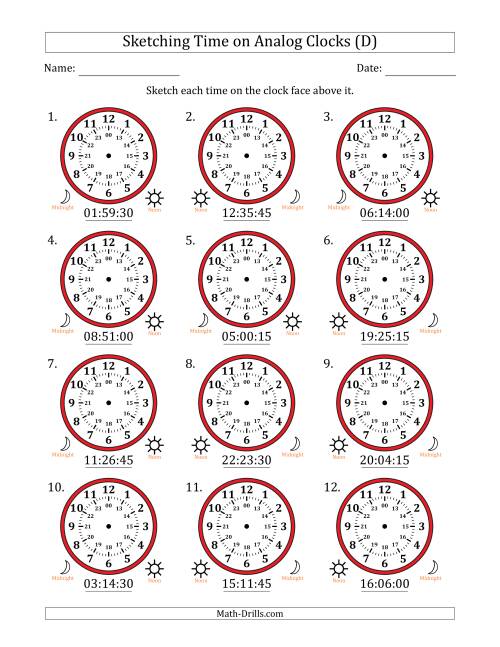 The Sketching 24 Hour Time on Analog Clocks in 15 Second Intervals (12 Clocks) (D) Math Worksheet