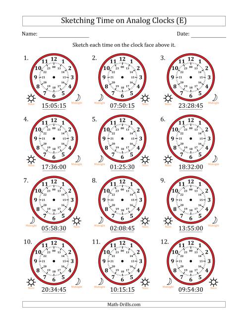 The Sketching 24 Hour Time on Analog Clocks in 15 Second Intervals (12 Clocks) (E) Math Worksheet