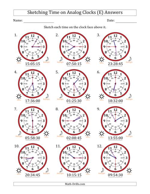 The Sketching 24 Hour Time on Analog Clocks in 15 Second Intervals (12 Clocks) (E) Math Worksheet Page 2
