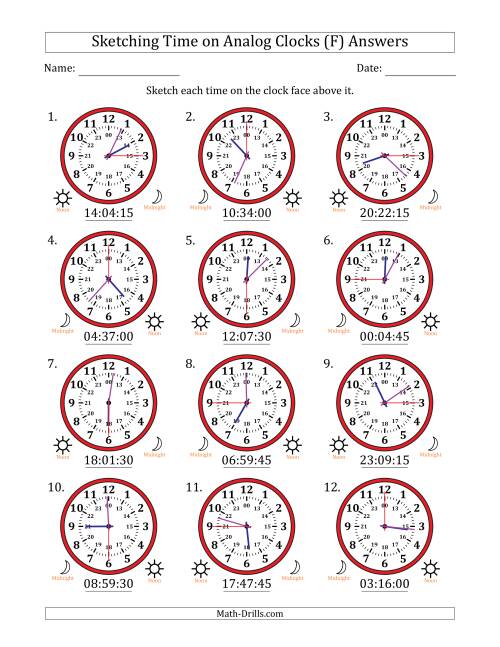 The Sketching 24 Hour Time on Analog Clocks in 15 Second Intervals (12 Clocks) (F) Math Worksheet Page 2