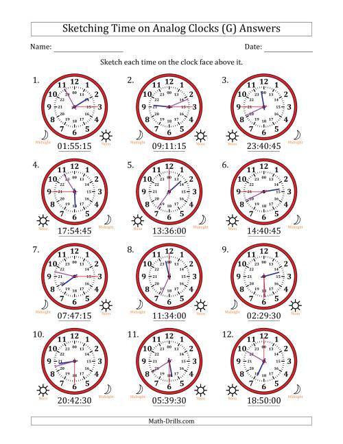 The Sketching 24 Hour Time on Analog Clocks in 15 Second Intervals (12 Clocks) (G) Math Worksheet Page 2