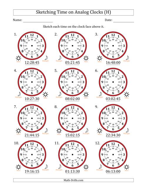The Sketching 24 Hour Time on Analog Clocks in 15 Second Intervals (12 Clocks) (H) Math Worksheet