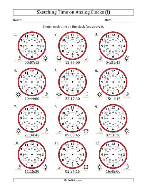 The Sketching 24 Hour Time on Analog Clocks in 15 Second Intervals (12 Clocks) (I) Math Worksheet