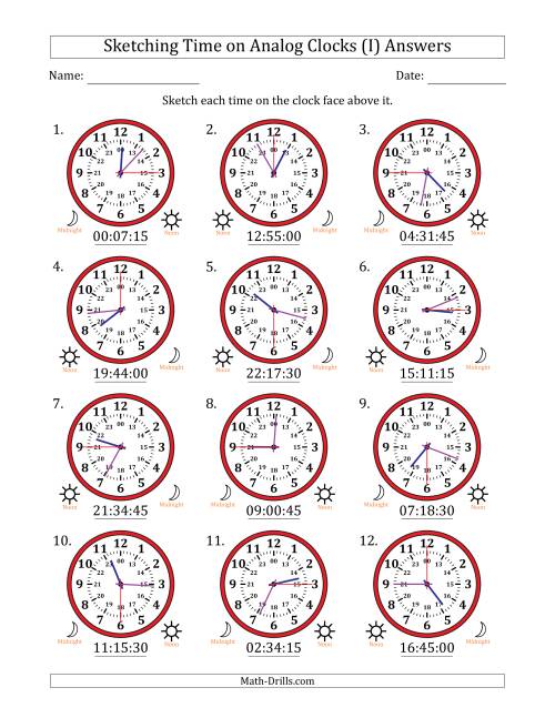 The Sketching 24 Hour Time on Analog Clocks in 15 Second Intervals (12 Clocks) (I) Math Worksheet Page 2