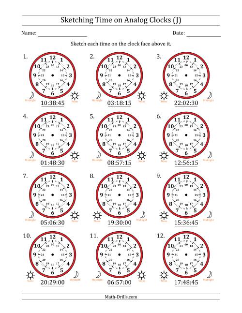 The Sketching 24 Hour Time on Analog Clocks in 15 Second Intervals (12 Clocks) (J) Math Worksheet
