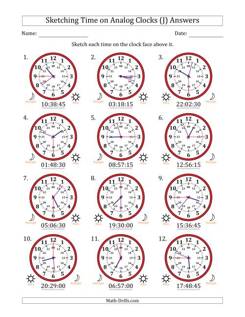 The Sketching 24 Hour Time on Analog Clocks in 15 Second Intervals (12 Clocks) (J) Math Worksheet Page 2