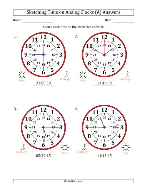 The Sketching 24 Hour Time on Analog Clocks in 15 Second Intervals (4 Large Clocks) (A) Math Worksheet Page 2