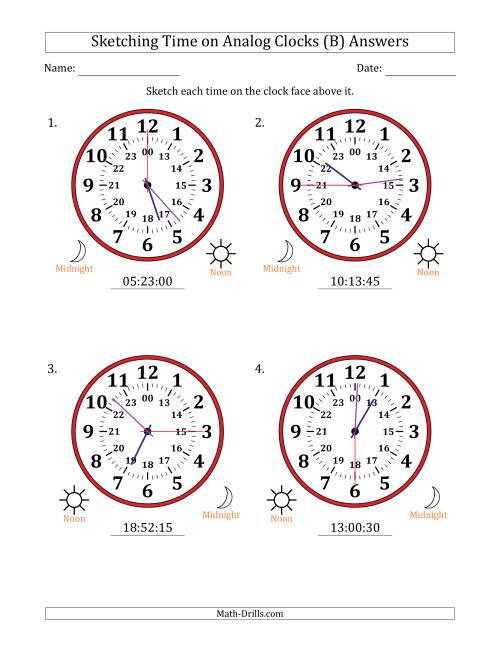 The Sketching 24 Hour Time on Analog Clocks in 15 Second Intervals (4 Large Clocks) (B) Math Worksheet Page 2