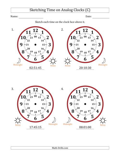 The Sketching 24 Hour Time on Analog Clocks in 15 Second Intervals (4 Large Clocks) (C) Math Worksheet