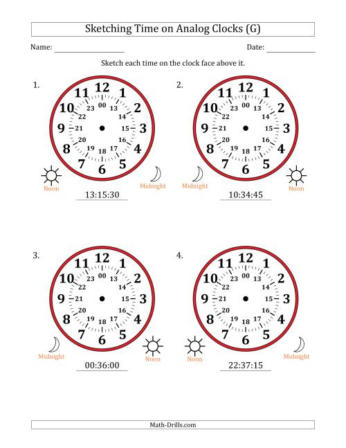 The Sketching 24 Hour Time on Analog Clocks in 15 Second Intervals (4 Large Clocks) (G) Math Worksheet
