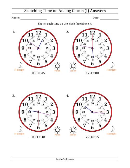 The Sketching 24 Hour Time on Analog Clocks in 15 Second Intervals (4 Large Clocks) (I) Math Worksheet Page 2