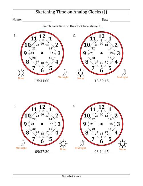 The Sketching 24 Hour Time on Analog Clocks in 15 Second Intervals (4 Large Clocks) (J) Math Worksheet