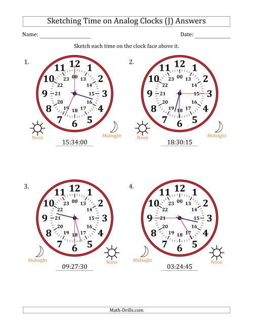 The Sketching 24 Hour Time on Analog Clocks in 15 Second Intervals (4 Large Clocks) (J) Math Worksheet Page 2