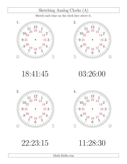The Sketching Time on 24 Hour Analog Clocks in 15 Second Intervals (Large Clocks) (Old) Math Worksheet