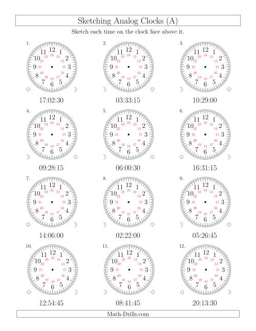 The Sketching Time on 24 Hour Analog Clocks in 15 Second Intervals (Old) Math Worksheet