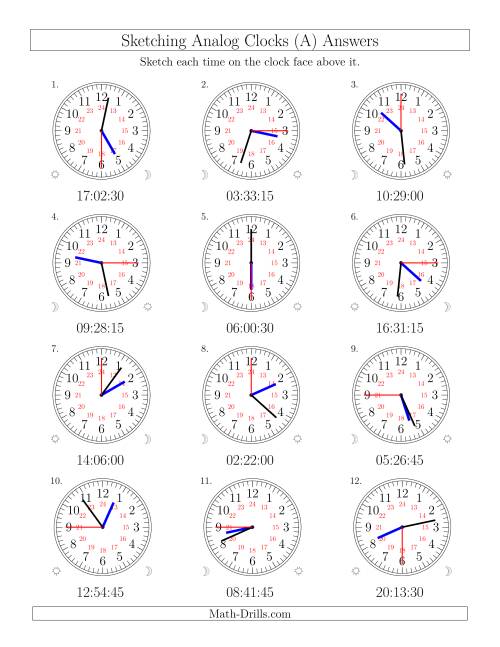 The Sketching Time on 24 Hour Analog Clocks in 15 Second Intervals (Old) Math Worksheet Page 2