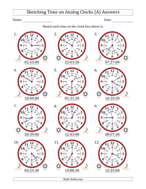 The Sketching 24 Hour Time on Analog Clocks in 30 Second Intervals (12 Clocks) (A) Math Worksheet Page 2