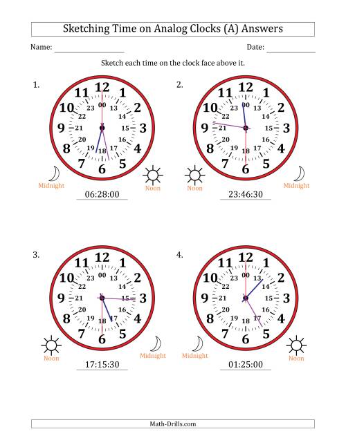 The Sketching 24 Hour Time on Analog Clocks in 30 Second Intervals (4 Large Clocks) (A) Math Worksheet Page 2