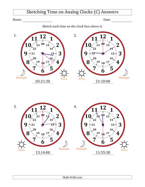 The Sketching 24 Hour Time on Analog Clocks in 30 Second Intervals (4 Large Clocks) (C) Math Worksheet Page 2