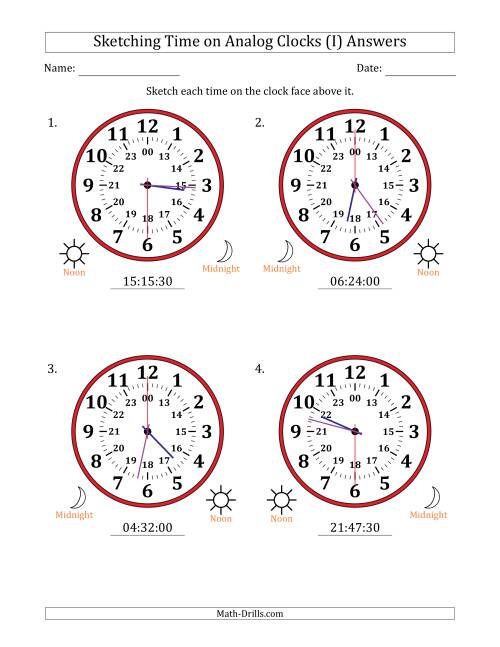 The Sketching 24 Hour Time on Analog Clocks in 30 Second Intervals (4 Large Clocks) (I) Math Worksheet Page 2