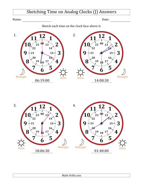 The Sketching 24 Hour Time on Analog Clocks in 30 Second Intervals (4 Large Clocks) (J) Math Worksheet Page 2