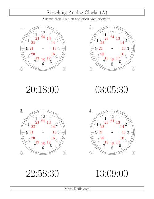 The Sketching Time on 24 Hour Analog Clocks in 30 Second Intervals (Large Clocks) (Old) Math Worksheet