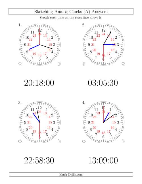 The Sketching Time on 24 Hour Analog Clocks in 30 Second Intervals (Large Clocks) (Old) Math Worksheet Page 2