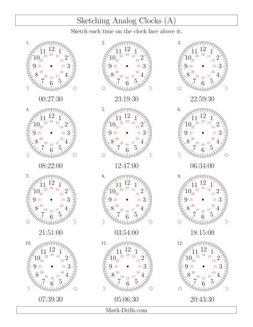 The Sketching Time on 24 Hour Analog Clocks in 30 Second Intervals (Old) Math Worksheet