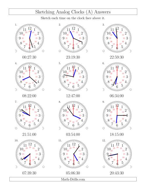 The Sketching Time on 24 Hour Analog Clocks in 30 Second Intervals (Old) Math Worksheet Page 2
