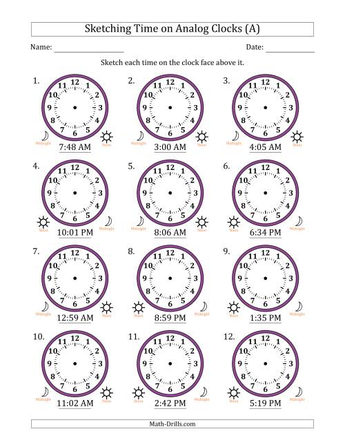 The Sketching 12 Hour Time on Analog Clocks in 1 Minute Intervals (12 Clocks) (A) Math Worksheet