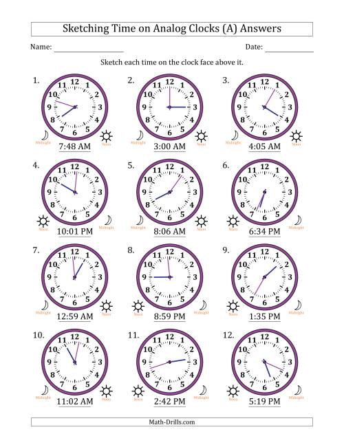 The Sketching 12 Hour Time on Analog Clocks in 1 Minute Intervals (12 Clocks) (A) Math Worksheet Page 2