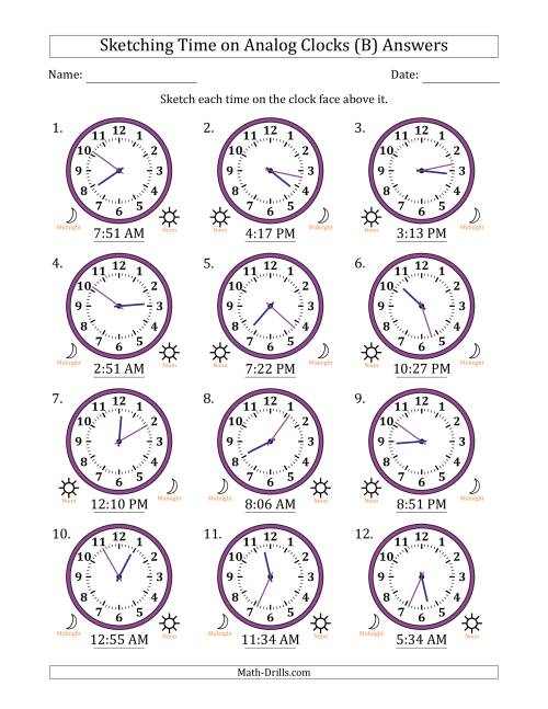 The Sketching 12 Hour Time on Analog Clocks in 1 Minute Intervals (12 Clocks) (B) Math Worksheet Page 2